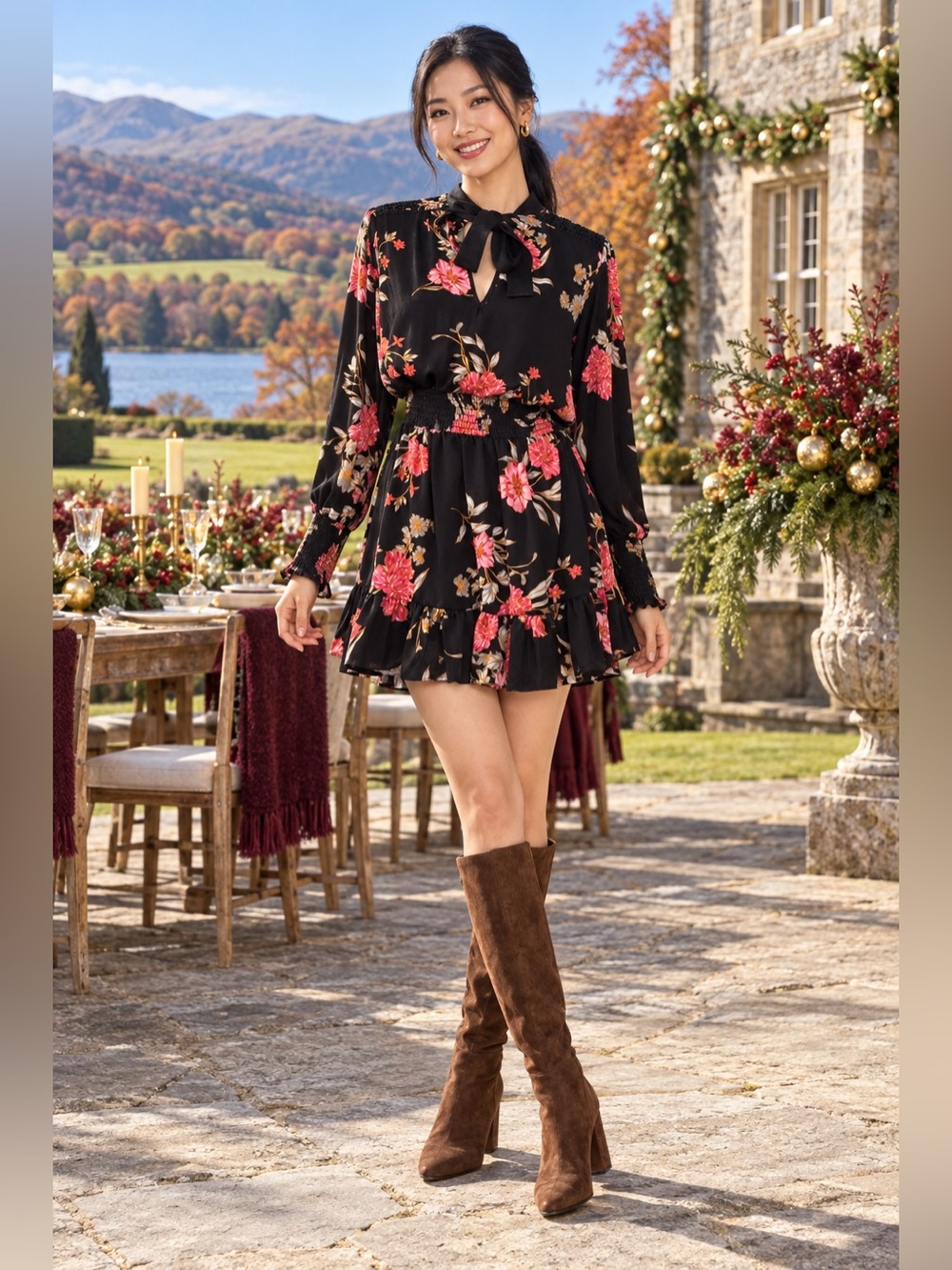 Misa Los Angeles Black Floral Tie-Neck Mini Dress with Pink and Red Blooms